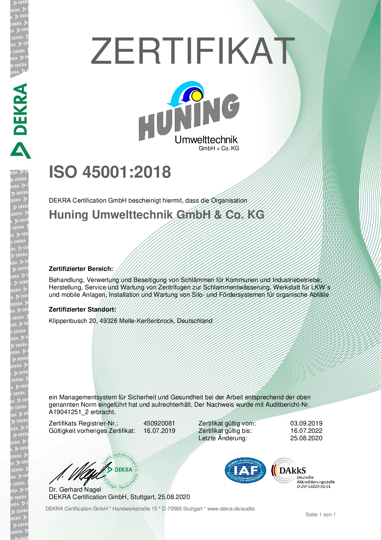 Zertifikat 09.2019 bis 07.2022 - ISO 45001:2018