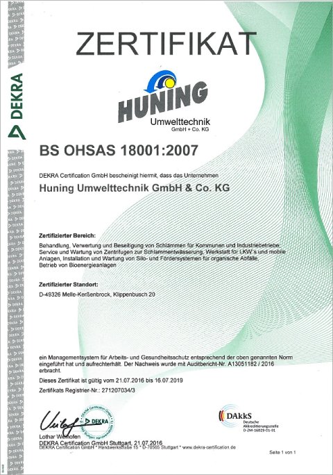 bs ohsas zertifikat huning umwelttechnik