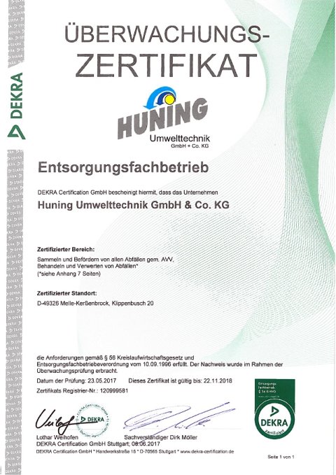 Huning Umwelttechnik Zertifikat